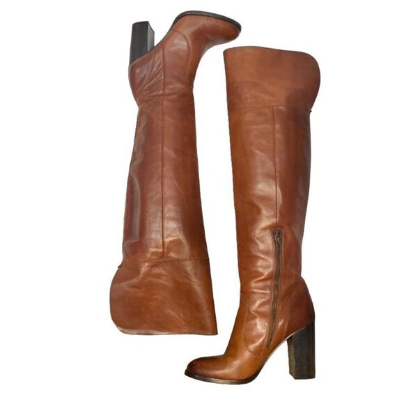 Frye Claude Over The Knee Tall Chunky High Heeled Boot 8.5 Brown Leather OTK - Picture 5 of 9